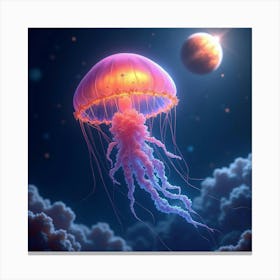 Watercolor Glowing Space Jellyfish Floating Near A Distant, Colorful Planet 1 Canvas Print