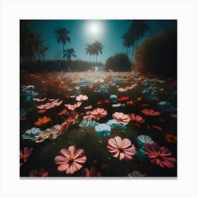 A Picture Of A Garden With Flowers Blooming At Night Under The Moon With The Camera Pointed Low Towards The Ground 3 Canvas Print