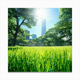 Bright Green Grass Under A Radiant Sun Swathed In Tokyo City Stands Out Against The Contrasting Sh (2) Canvas Print