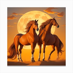 Two Horses In Front Of The Moon Canvas Print