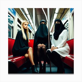 Three Women In Hijabs On A Subway Canvas Print