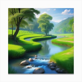 River In A Green Field Canvas Print
