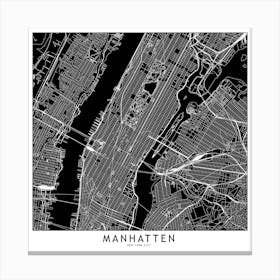 Manhatten Black And White Map Square Canvas Print