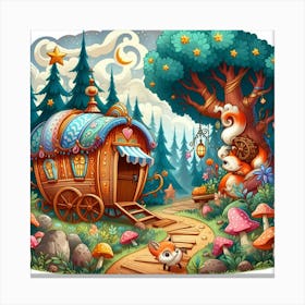 Playful Cartoon Style Illustration Of A Whimsical Caravan Journey Through A Magical Forest, Style Cartoon Illustration 2 Canvas Print