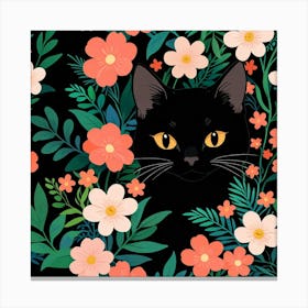 Black Cat With Flowers 3 Canvas Print