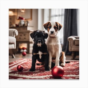 Christmas Dogs In The Living Room Canvas Print