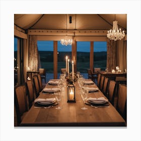 An Elegant Luxurious Tent Interior Features A Dining Table Set For A Meal With Curtains And Fireplace Creating A Cozy Atmosphere Canvas Print