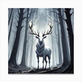 A White Stag In A Fog Forest In Minimalist Style Square Composition 25 Canvas Print