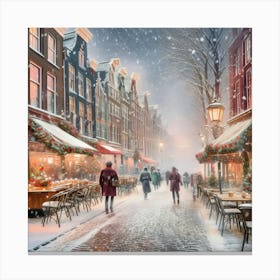 Amsterdam cafes, winter season, Christmas, pale colors, pedestrians in the street, winter clothes, falling snow.14 Canvas Print