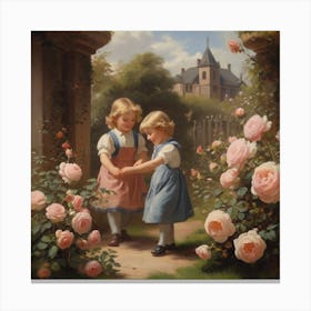 Two Little Girls In A Garden Canvas Print