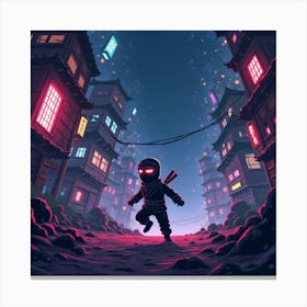 Ninja Evading Enemies In A Neon Lit, Chaotic World 1 Canvas Print