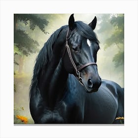 Black Horse In The Forest Canvas Print