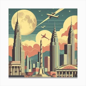 Vintage Travel Poster Depicting A Mid Century City Skyline With Iconic Landmarks, Style Retro Travel Poster Canvas Print