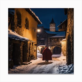 Man In A Red Coat Walking Down A Snowy Street Canvas Print