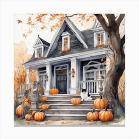 Halloween Cat On Steps In Front Of The Halloween House Watercolor Trending On Artstation Sharp Fo (1) Canvas Print