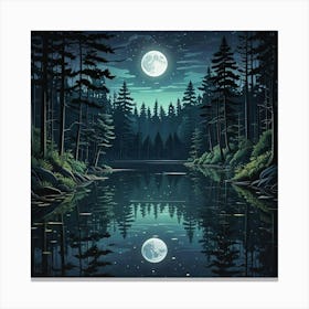 Lake Environment Landscape With Moon Art Print (1) Canvas Print