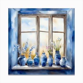 Blue wall. Open window. From inside an old-style room. Silver in the middle. There are several small pottery jars next to the window. There are flowers in the jars Spring oil colors. Wall painting.51 Canvas Print