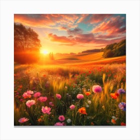 Sunset In A Field Of Flowers Canvas Print