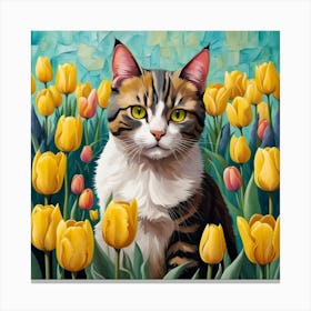 Cat In Yellow Tulips Painting Canvas Print