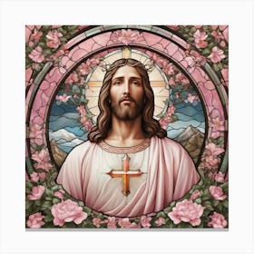 Jesus With pink Roses, A stained glass window with jesus holding a cross and flowers Canvas Print