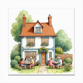 A Watercolor Of An English Tea House With People Enjoying Tea And Pastries In A Cozy Setting 1 Canvas Print