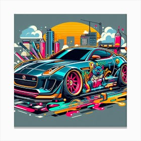 Jaguar F-Type Vehicle Colorful Comic Graffiti Style with cat , sun and city Canvas Print