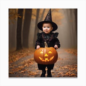 Little Witch In A Pumpkin Costume Canvas Print