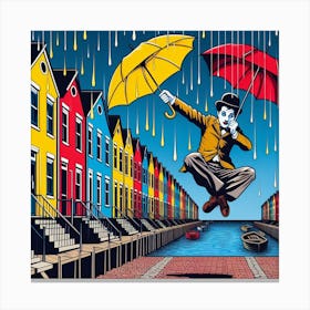 Charlie Chaplin flying with umbrellas Canvas Print