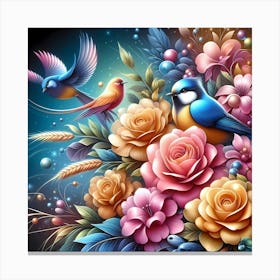 Colorful Flowers And Birds 1 Canvas Print