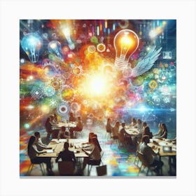 A group of people are sitting around a table in a room. The room is filled with bright colors and light. There are gears, light bulbs, and other objects floating in the air. The people are all looking at a woman who is standing in front of them. She is holding a light bulb. The light bulb is glowing brightly. The woman is smiling. She is wearing a white lab coat. She has long, dark hair. She is looking at the people in the room. She is speaking. She is telling them about the future. She is telling them about the power of light. She is telling them about the power of knowledge. She is telling them about the power of hope. Canvas Print