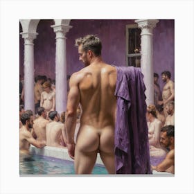 Nude Gay Man On The Purple Pool, Vincent Van Gogh Style Canvas Print