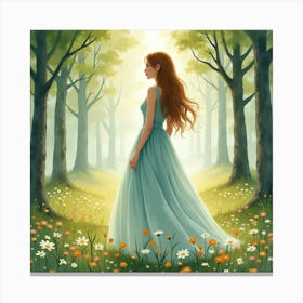 Lovely Woman In Watercolor Dress, Serene Forest Glade 1 Canvas Print