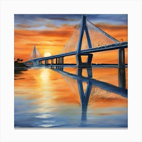Sunset over the Arthur Ravenel Jr. Bridge in Charleston. Blue water and sunset reflections on the water. Oil colors.3 Canvas Print