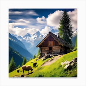 A Mountainous Landscape Of A Log Hut For A Shepherd With His Family And Expresses His Happiness Simp Canvas Print