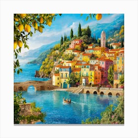 Amalfi View With Lemons Travel Painting Italy (3) 1 Canvas Print