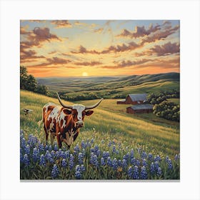 Longhorns At Sunset Canvas Print