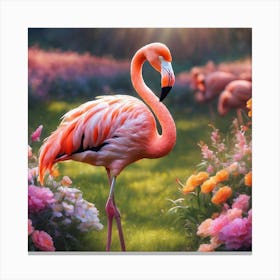 Pink Flamingo With Flowers Canvas Print