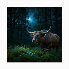 Bull In The Forest At Night 1 Canvas Print