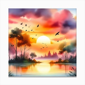 Sunset With Birds And Trees Canvas Print