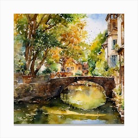 Watercolor painting of an old rock bridge cross over the river with trees in autumn Canvas Print