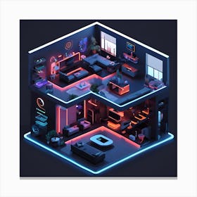 Isometric House With Neon Lights Canvas Print