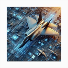 Futuristic Military Aircraft Flying Over City Canvas Print