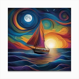 A Sailboat On The Sea, Sun And Moon, Multicolor Canvas Print
