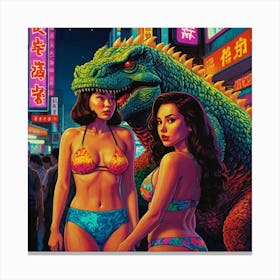 Retro Pop Godzilla with Two Asian Brunettes Canvas Print