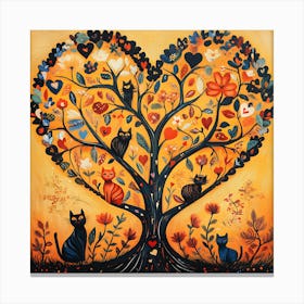 Folk Art Heart Tree Cat Climbing Artwork 12 Canvas Print