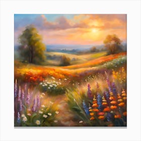 Printable Wildflower Field Landscape Oil Painting, Vintage Farm House, Country Field Landscape Oil Painting Printable 2 Canvas Print