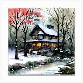 Winter House In The Woods Watercolor Landscape Canvas Print
