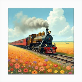 Charming Old Train Journey Through A Vibrant Watercolor Field Of Blooms 1 Canvas Print