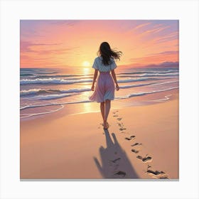 Alone Girl At Beach Ocean With Sunset Art Print (2) Canvas Print