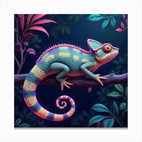 A Whimsical Chameleon With A Tail Of Glowing, Neon Patterns Blending Into A Vibrant Jungle Canvas Print